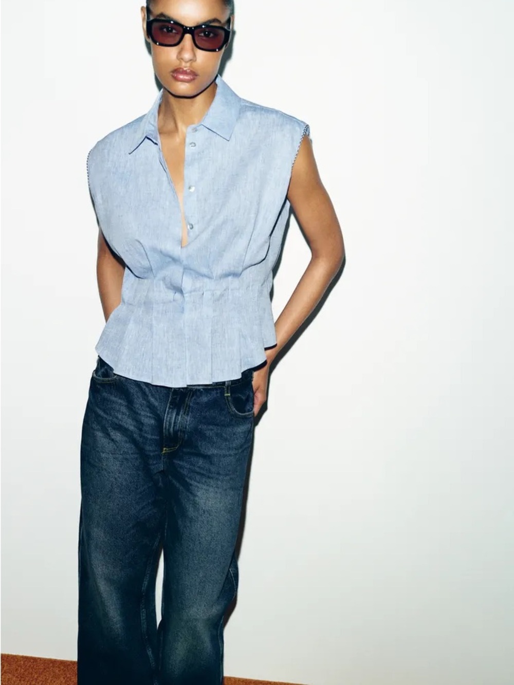 Zara Light Blue Sleeveless Button-Down Shirt